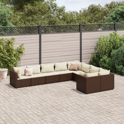 Set Divani da Giardino 9pz con Cuscini Marrone in Polyrattan