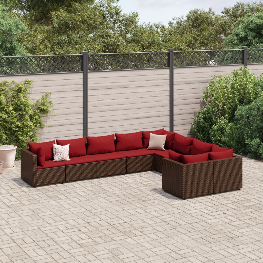 Set Divani da Giardino 9pz con Cuscini Marrone in Polyrattan