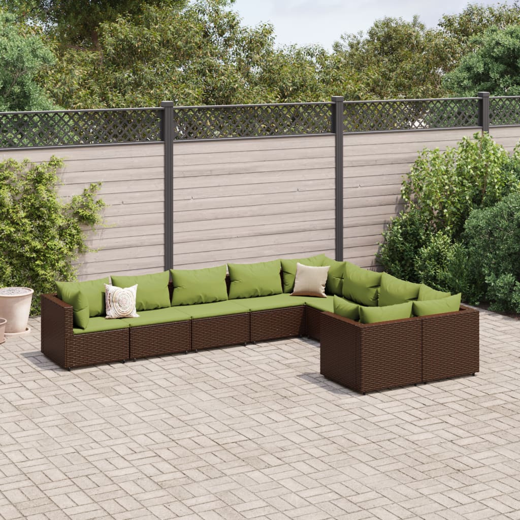 Set Divani da Giardino 9pz con Cuscini Marrone in Polyrattan
