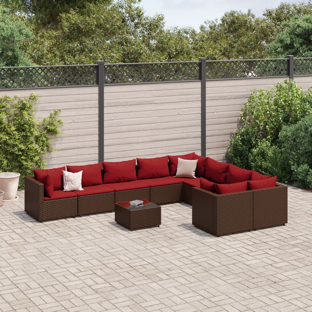 Set Divani da Giardino 10pz con Cuscini in Polyrattan Marrone