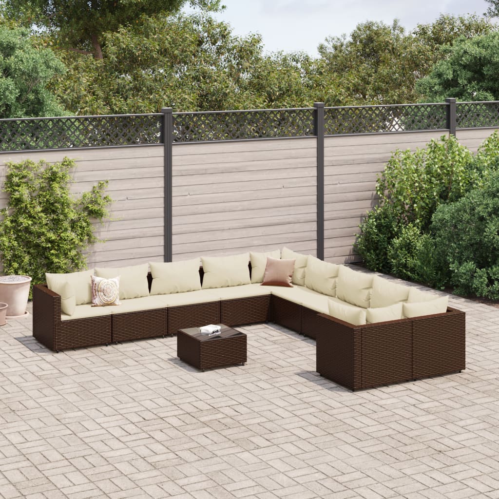 Set Divani da Giardino 11 pz con Cuscini Polyrattan Marrone