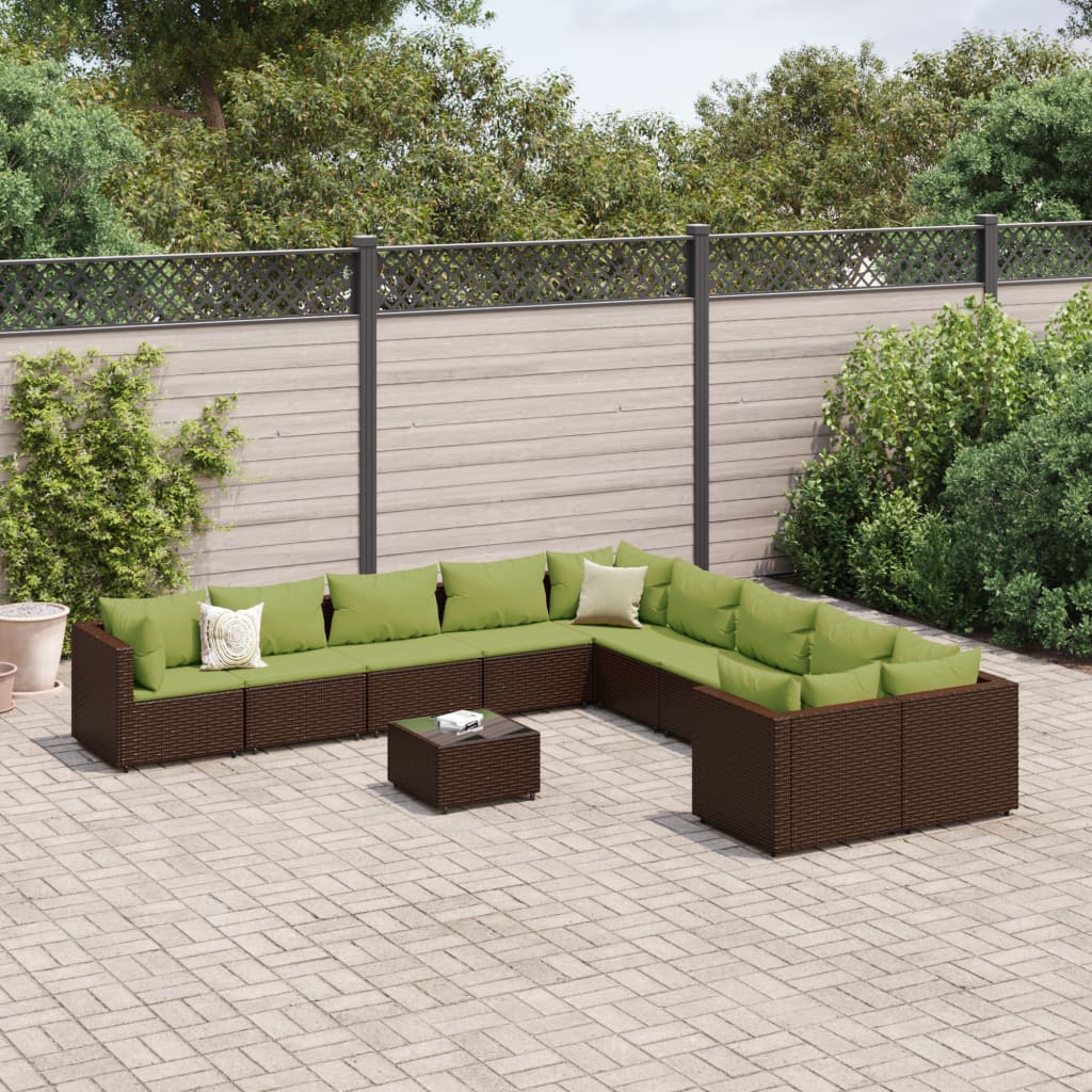 Set Divani da Giardino 11 pz con Cuscini Polyrattan Marrone