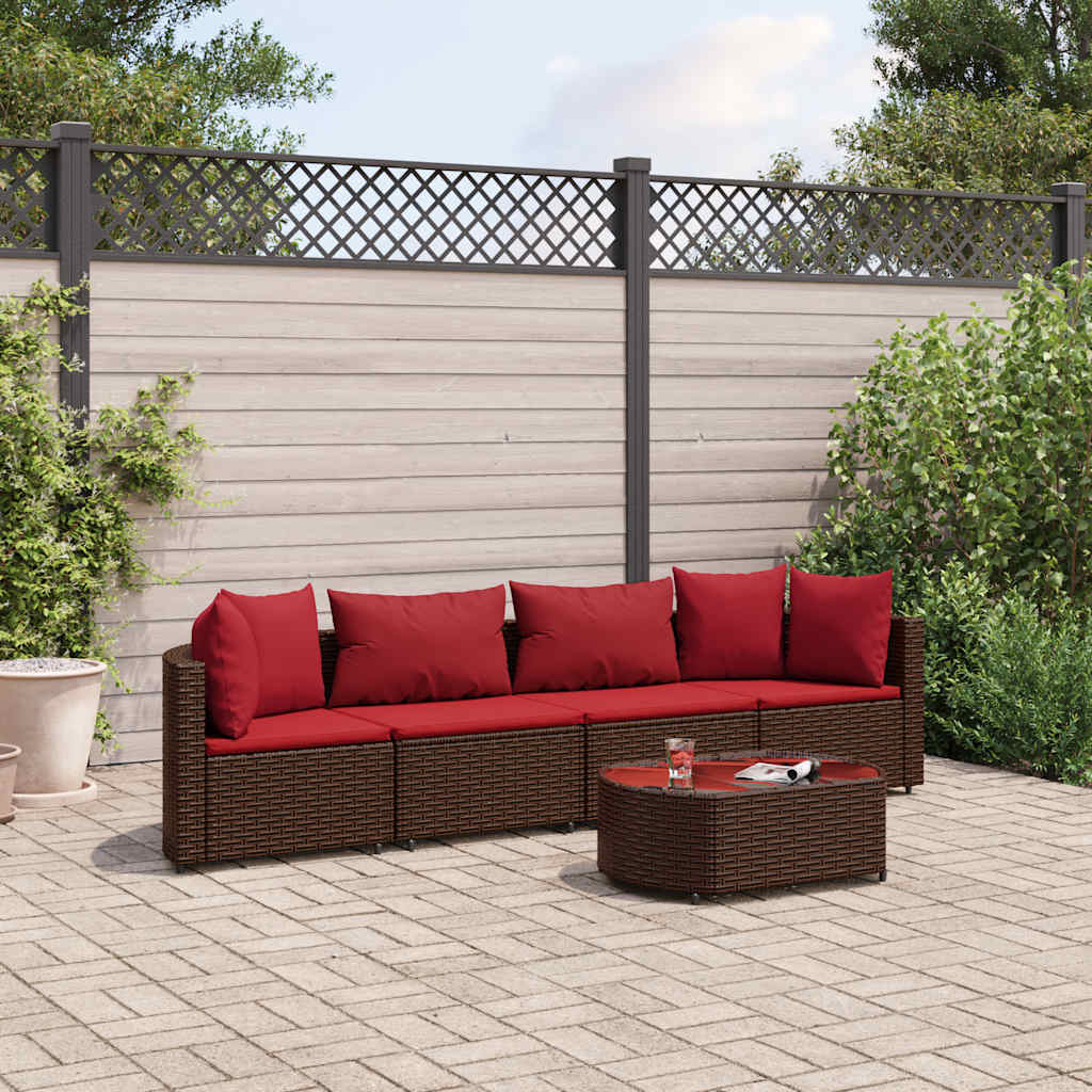 Set Divano da Giardino 5 pz con Cuscini Marrone in Polyrattan