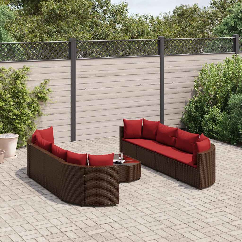 Set Divani da Giardino 9pz con Cuscini Marrone in Polyrattan