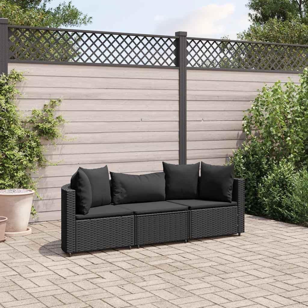Set Divani da Giardino 3 pz con Cuscini in Polyrattan Nero