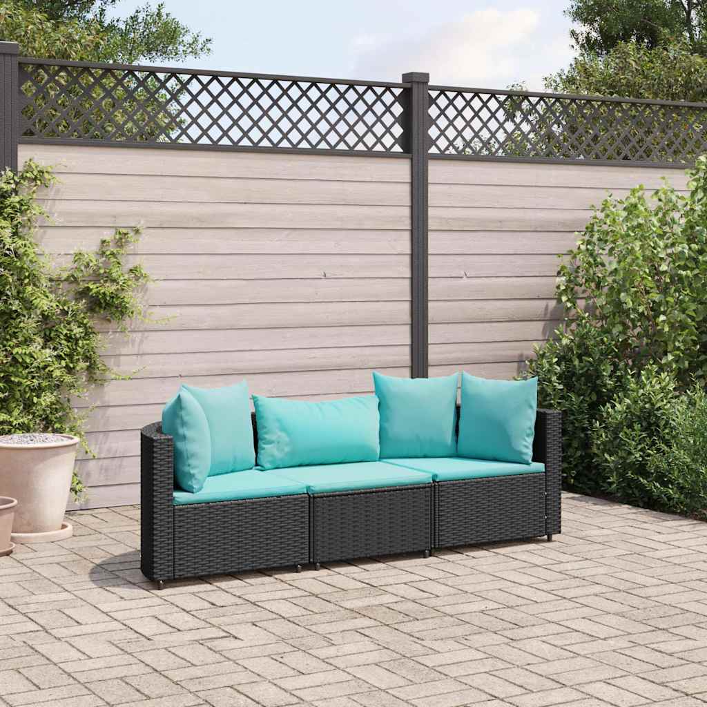 Set Divani da Giardino 3 pz con Cuscini in Polyrattan Nero