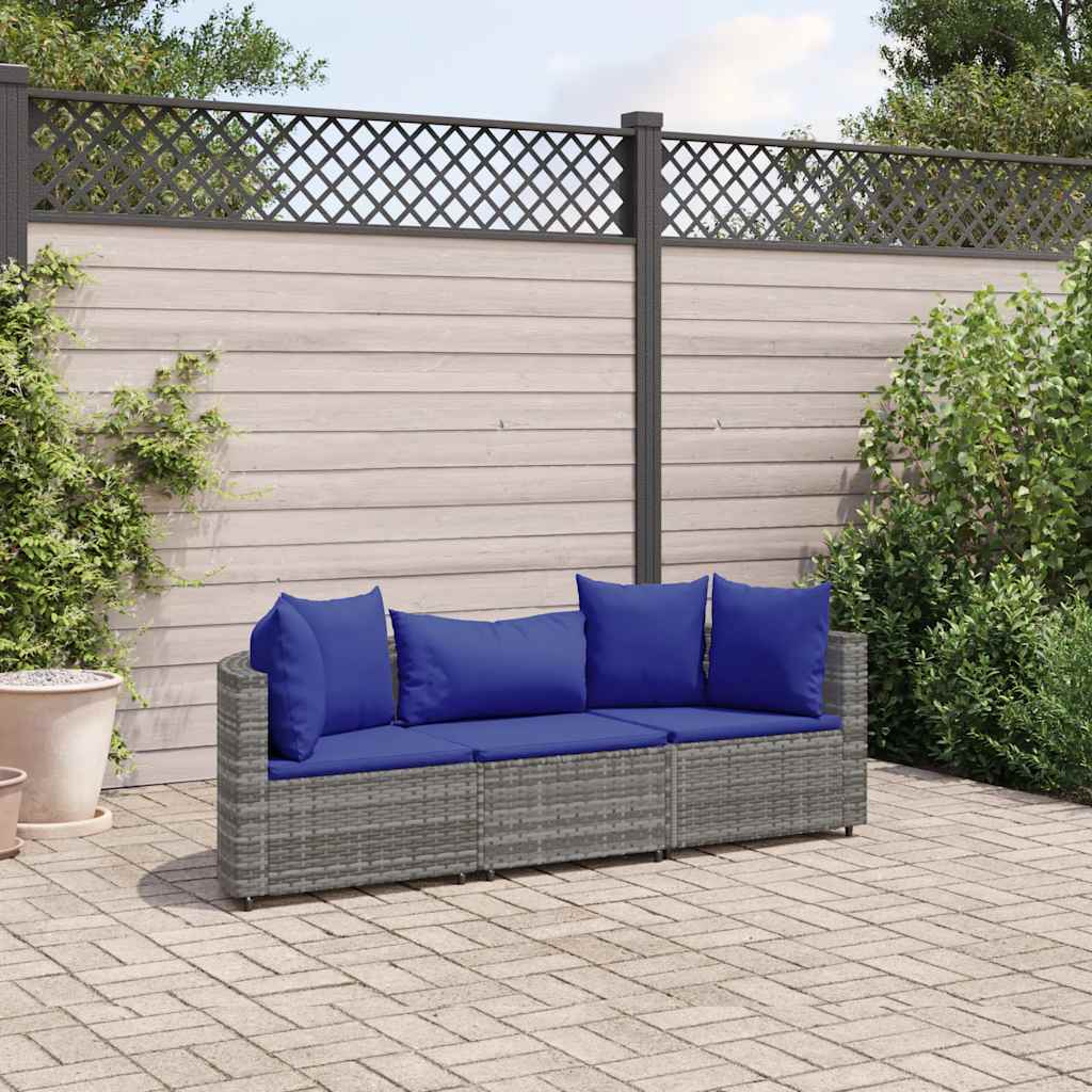 Set Divani da Giardino 3 pz con Cuscini Grigio in Polyrattan