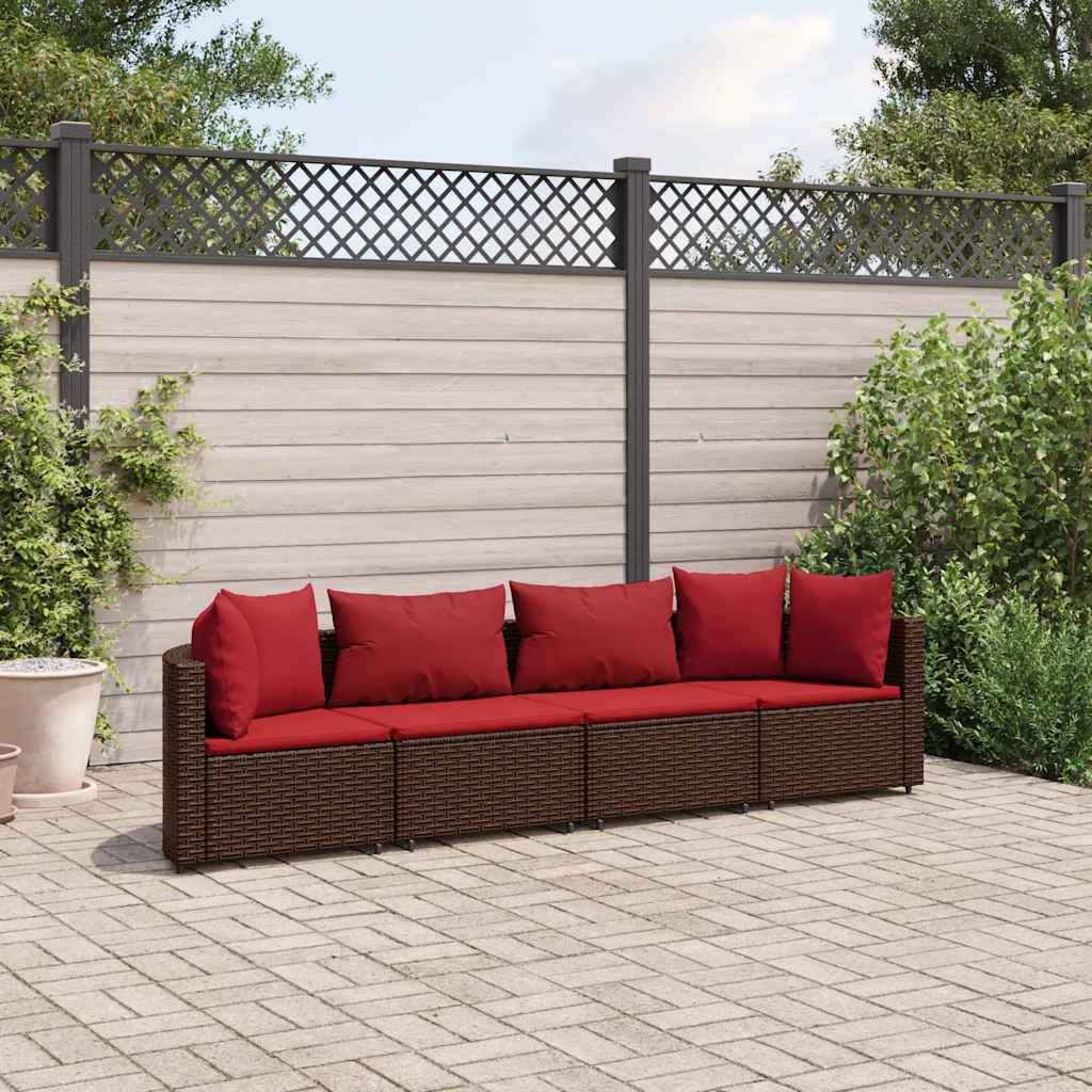 Set Divano da Giardino 4 pz con Cuscini Marrone in Polyrattan