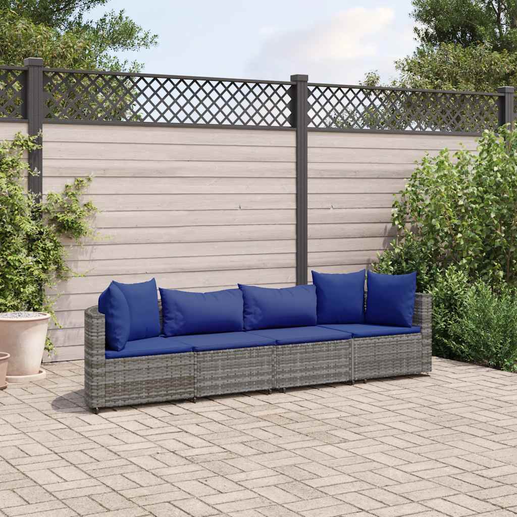 Set Divani da Giardino 4 pz con Cuscini in Polyrattan Grigio
