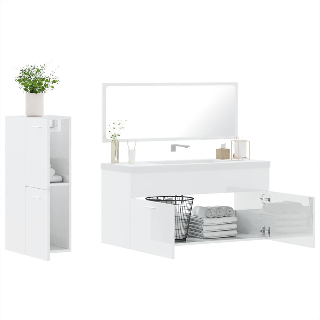 Set Mobili da Bagno 3 pz Bianco Lucido in Legno Multistrato