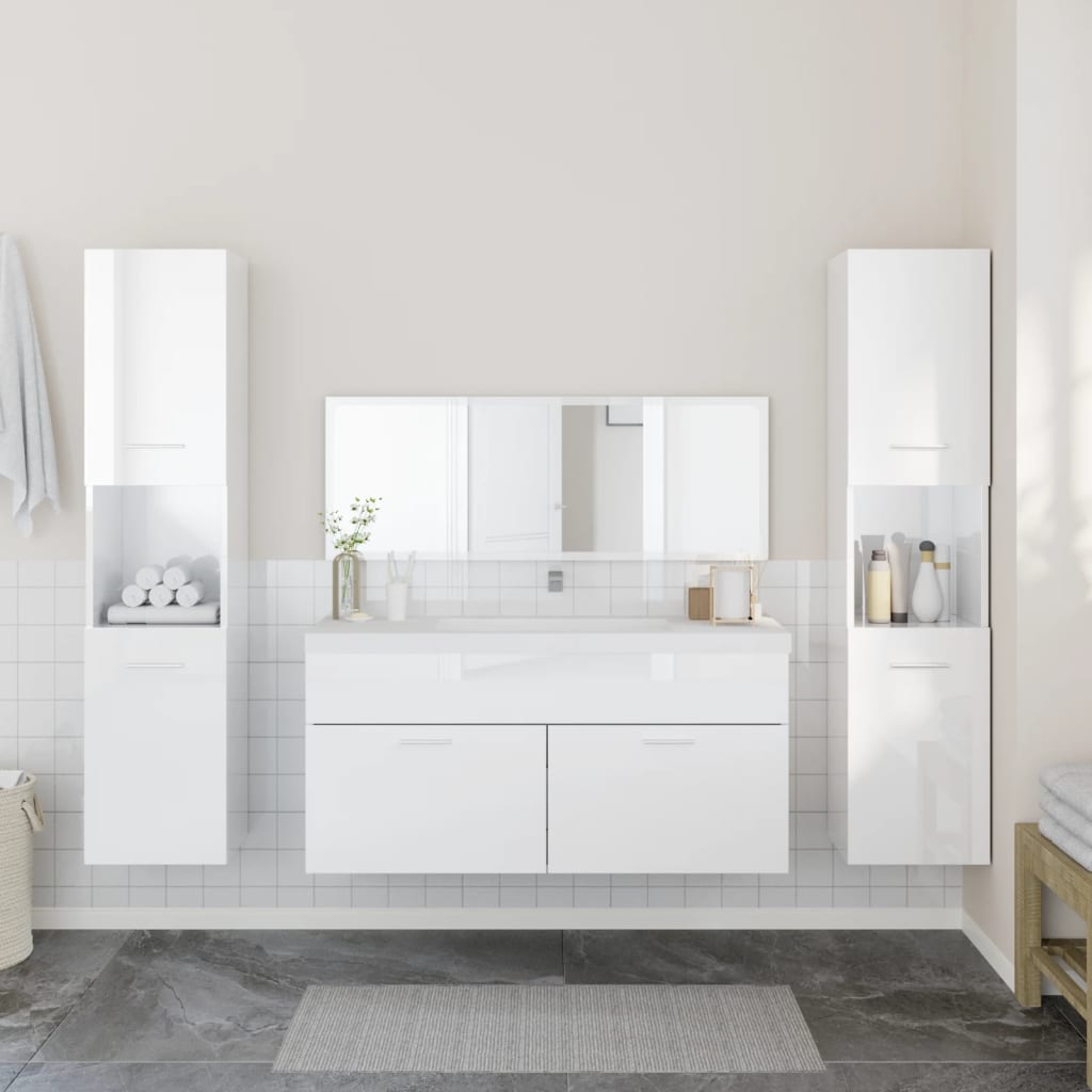 Set Mobili da Bagno 4 pz Bianco Lucido in Legno Multistrato