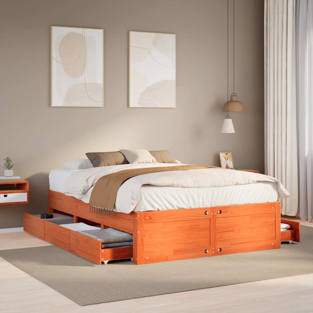 Letto senza Materasso con Cassetti Marrone Cera 150x200 cm Pino
