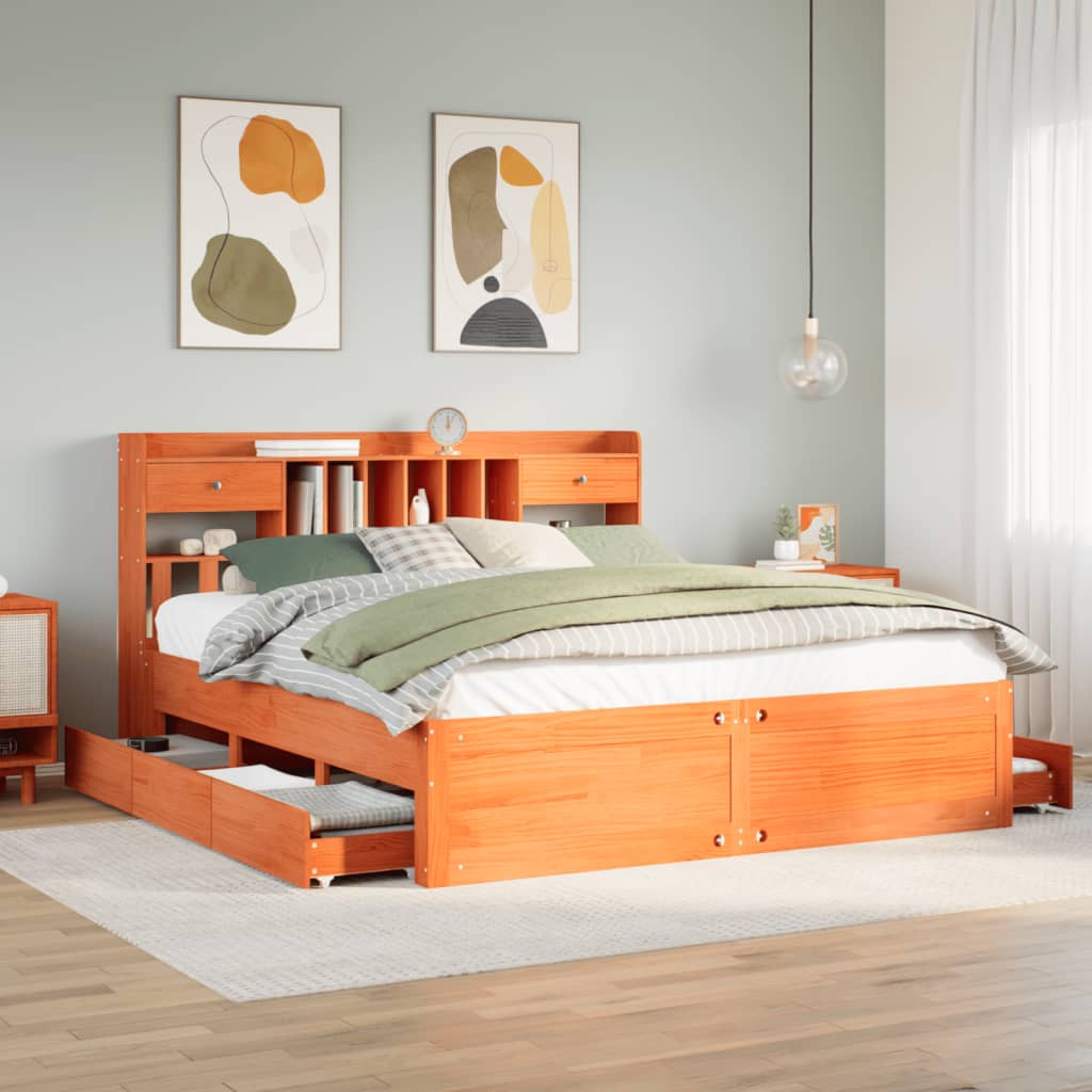 Letto Libreria senza Materasso Marrone Cera 200x200 cm in Pino