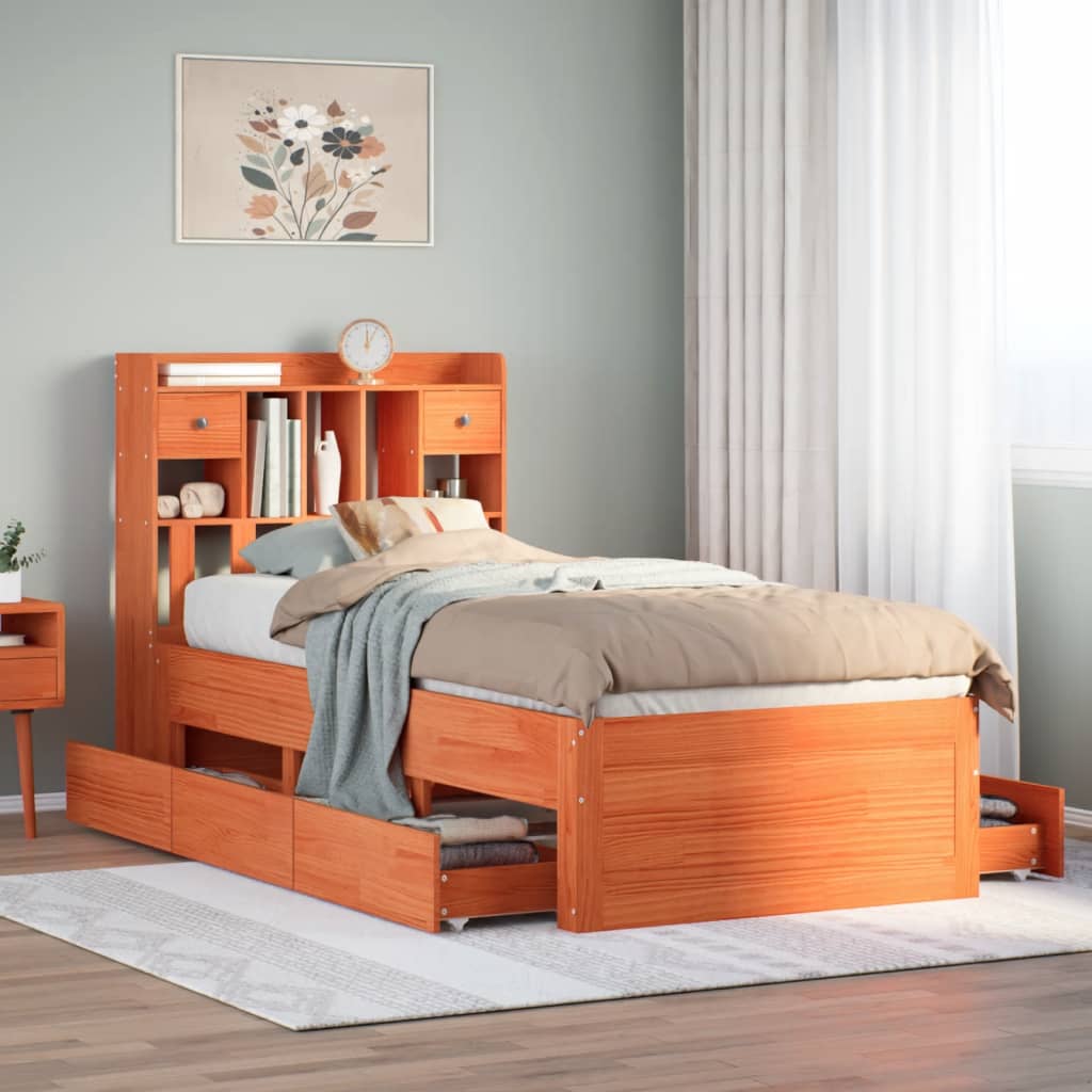 Letto Libreria senza Materasso Marrone Cera 75x190 cm in Pino