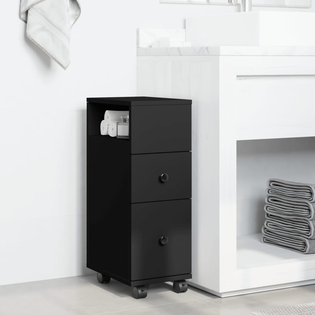 Mobile da Bagno Stretto con Ruote Nero in Truciolato