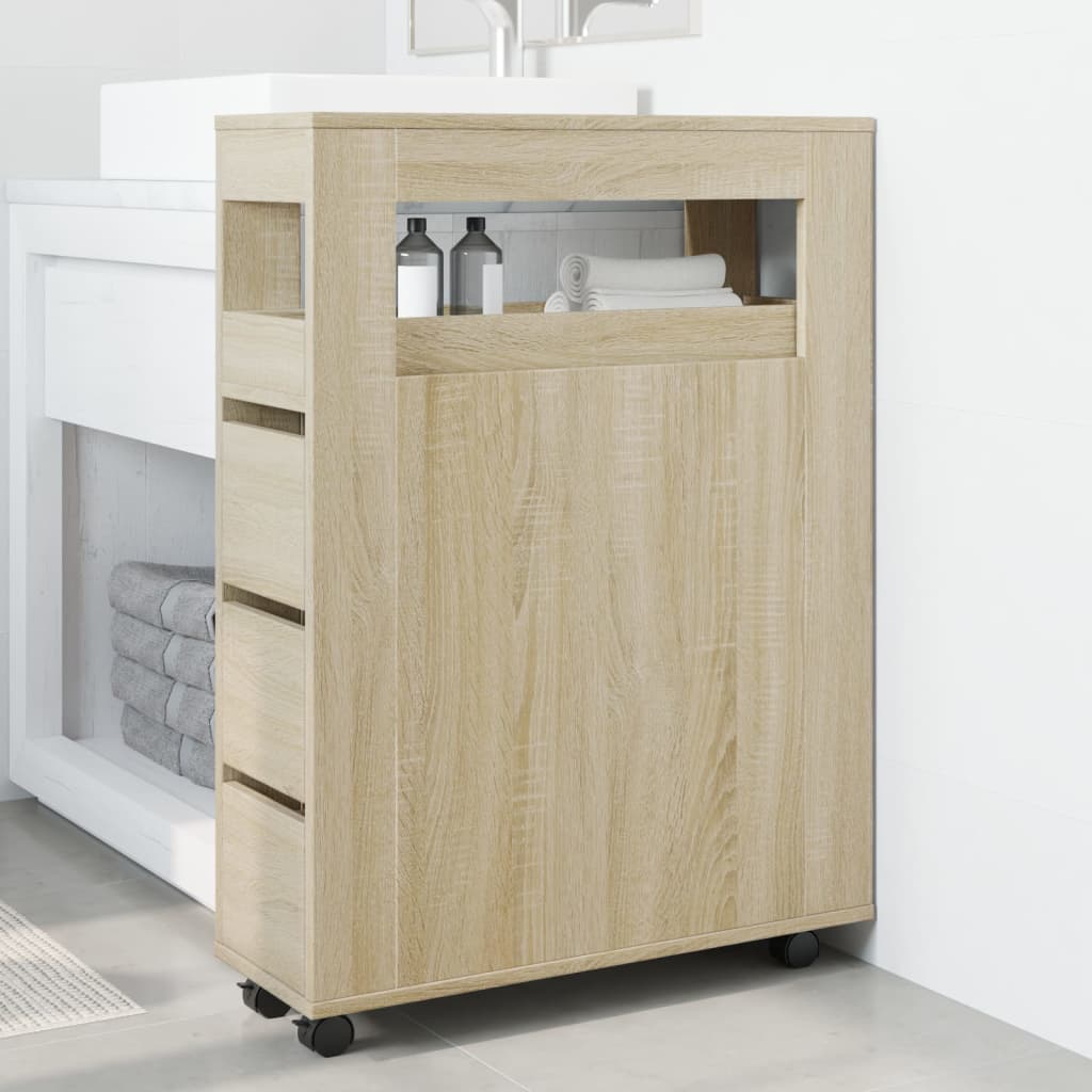 Mobile da Bagno Stretto con Ruote Rovere Sonoma in Truciolato