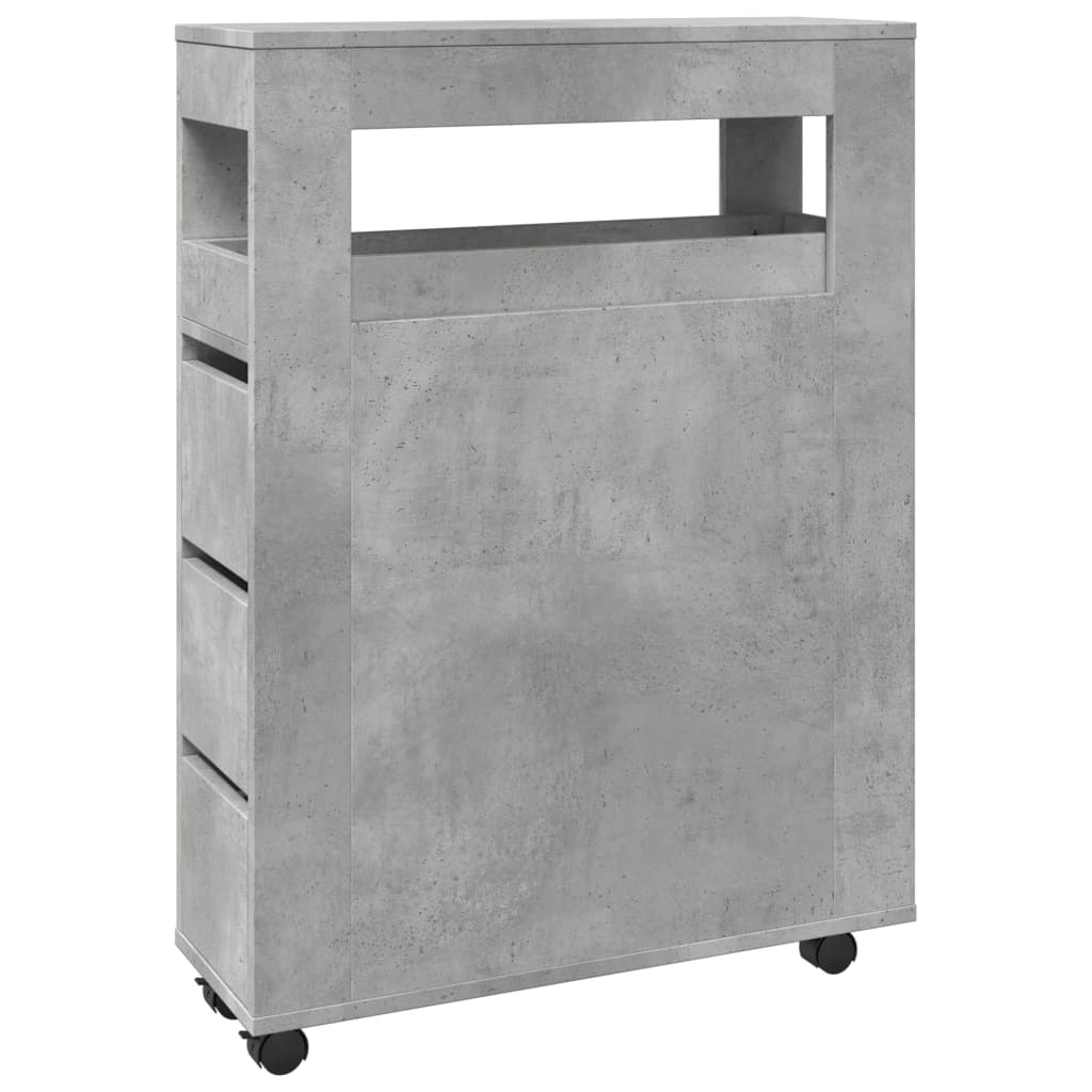 Mobile da Bagno Stretto con Ruote Grigio Cemento in Truciolato