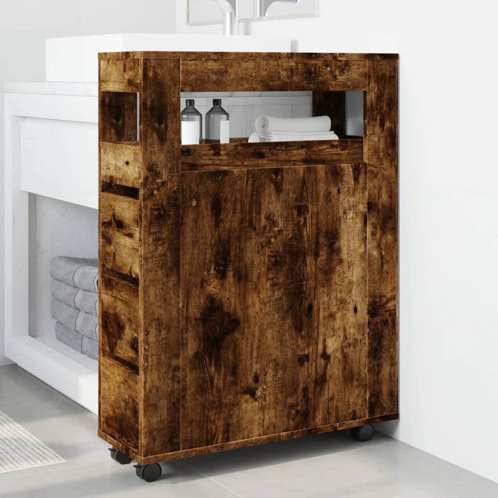 Mobile da Bagno Stretto con Ruote Rovere Fumo in Truciolato