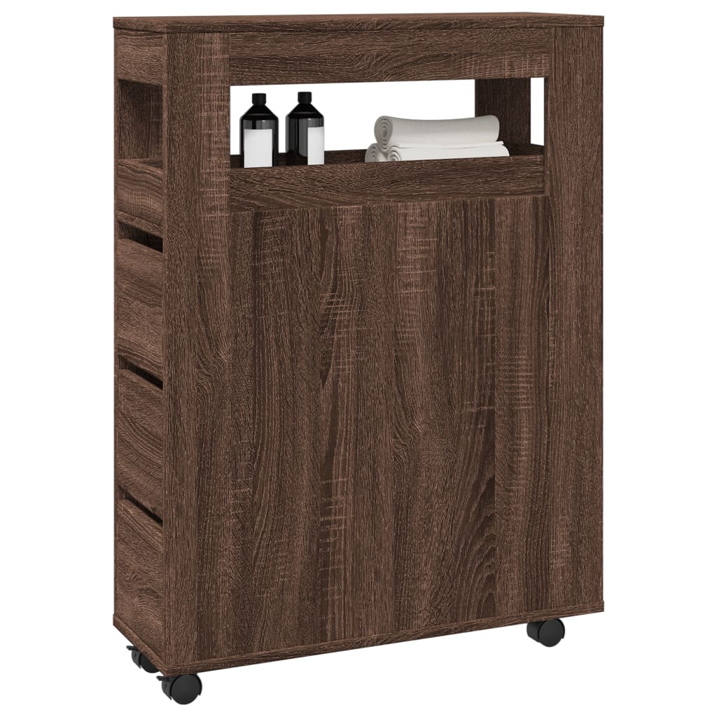Mobile da Bagno Stretto con Ruote Rovere Marrone in Truciolato