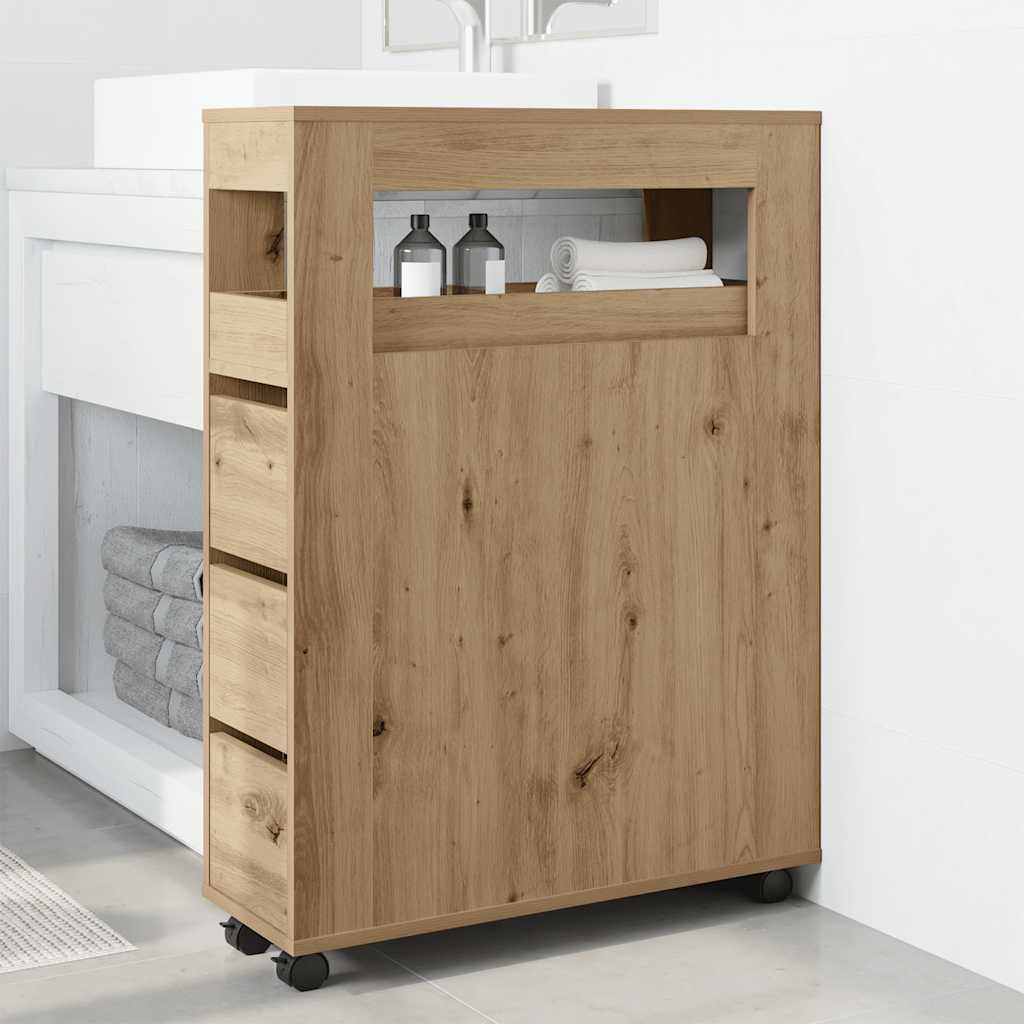 Mobile da Bagno Stretto con Ruote Rovere Artigianale Truciolato