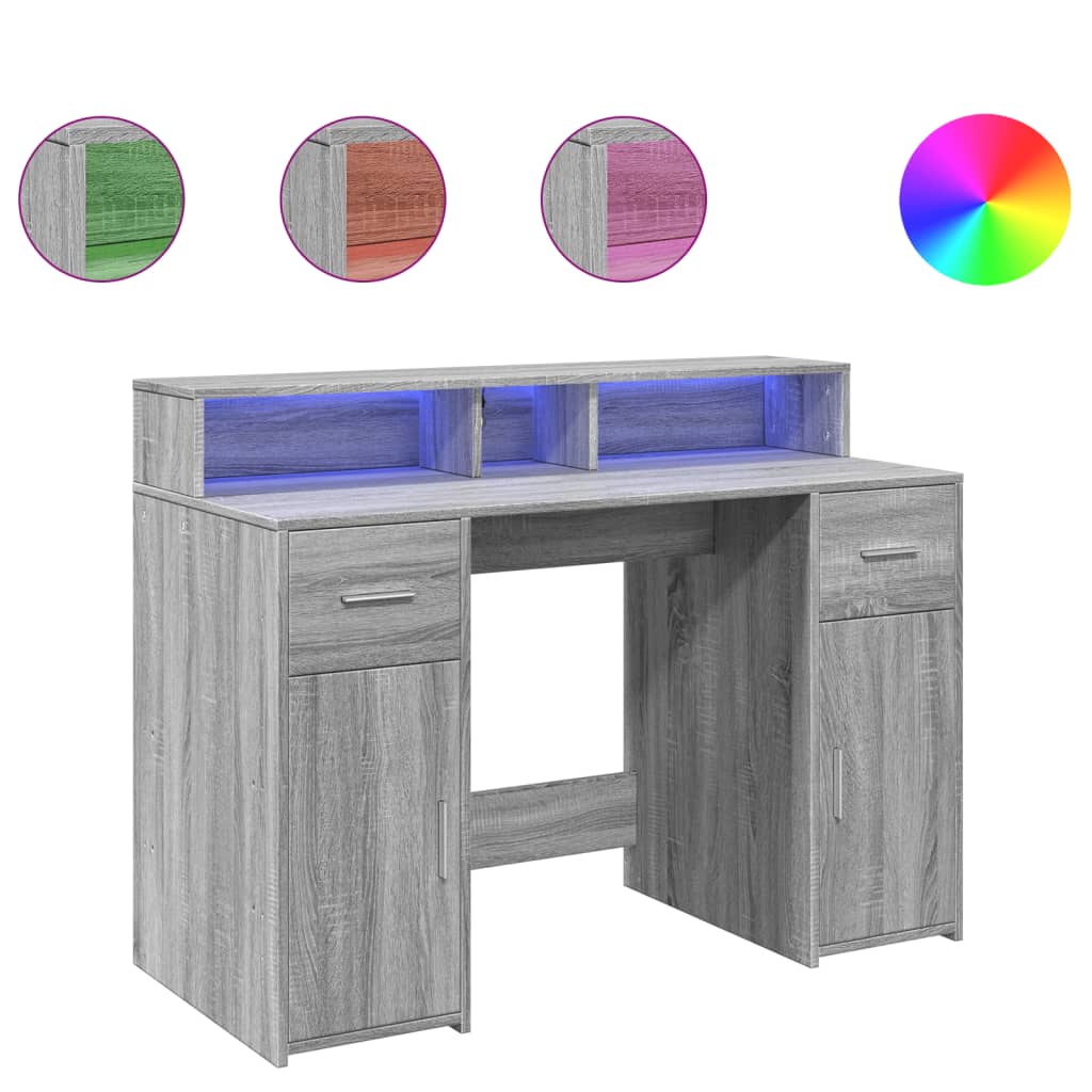 Scrivania con Luci LED Grigio Sonoma 120x55x91cm in Multistrato