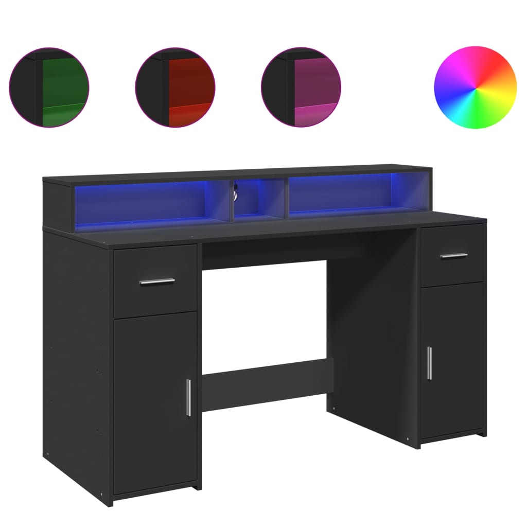 Scrivania con Luci LED Nera 140x55x91 cm in Legno Multistrato