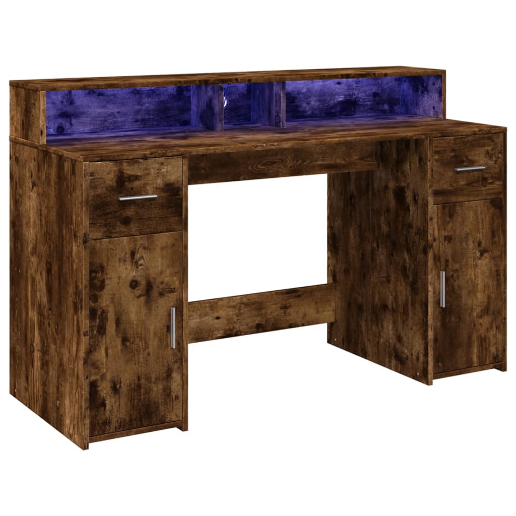 Scrivania con Luci LED Rovere Fumo 140x55x91 cm in Multistrato