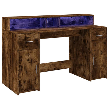 Scrivania con Luci LED Rovere Fumo 140x55x91 cm in Multistrato