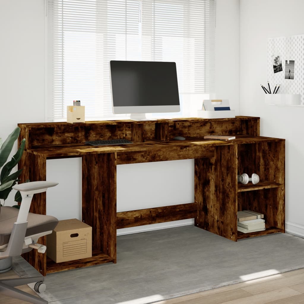 Scrivania con Luci LED Rovere Fumo 200x55x91 cm in Truciolato