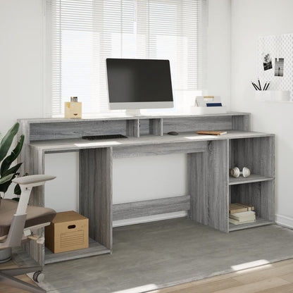 Scrivania con Luci LED Grigio Sonoma 200x55x91cm in Truciolato
