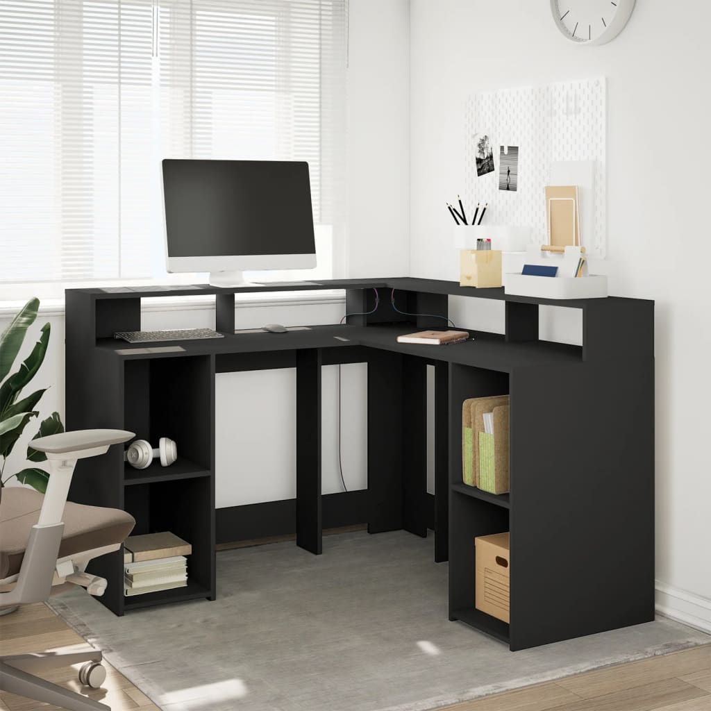 Scrivania con Luci LED Nera 130x130x91 cm in Truciolato