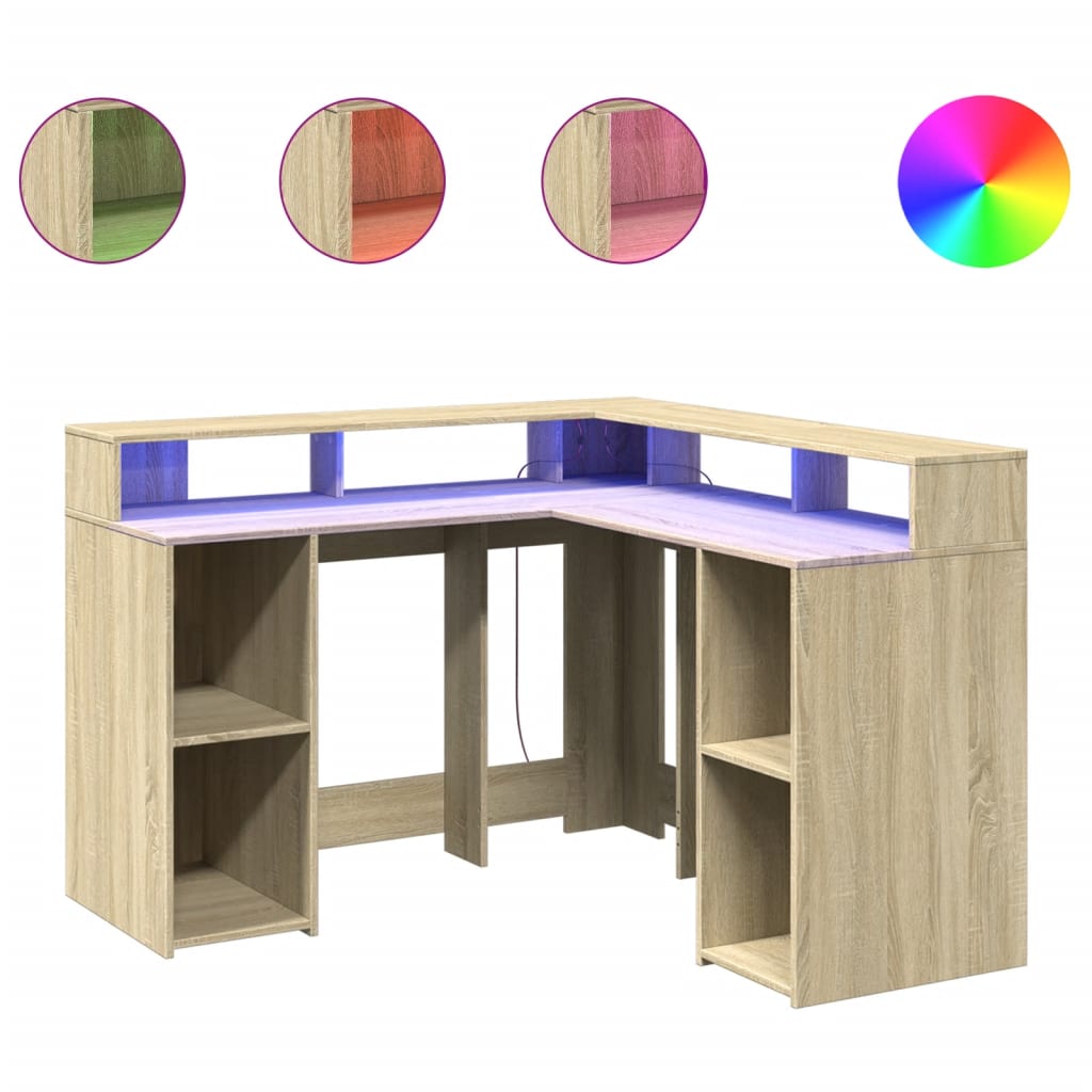 Scrivania con Luci LED Rovere Sonoma 130x130x91cm in Truciolato