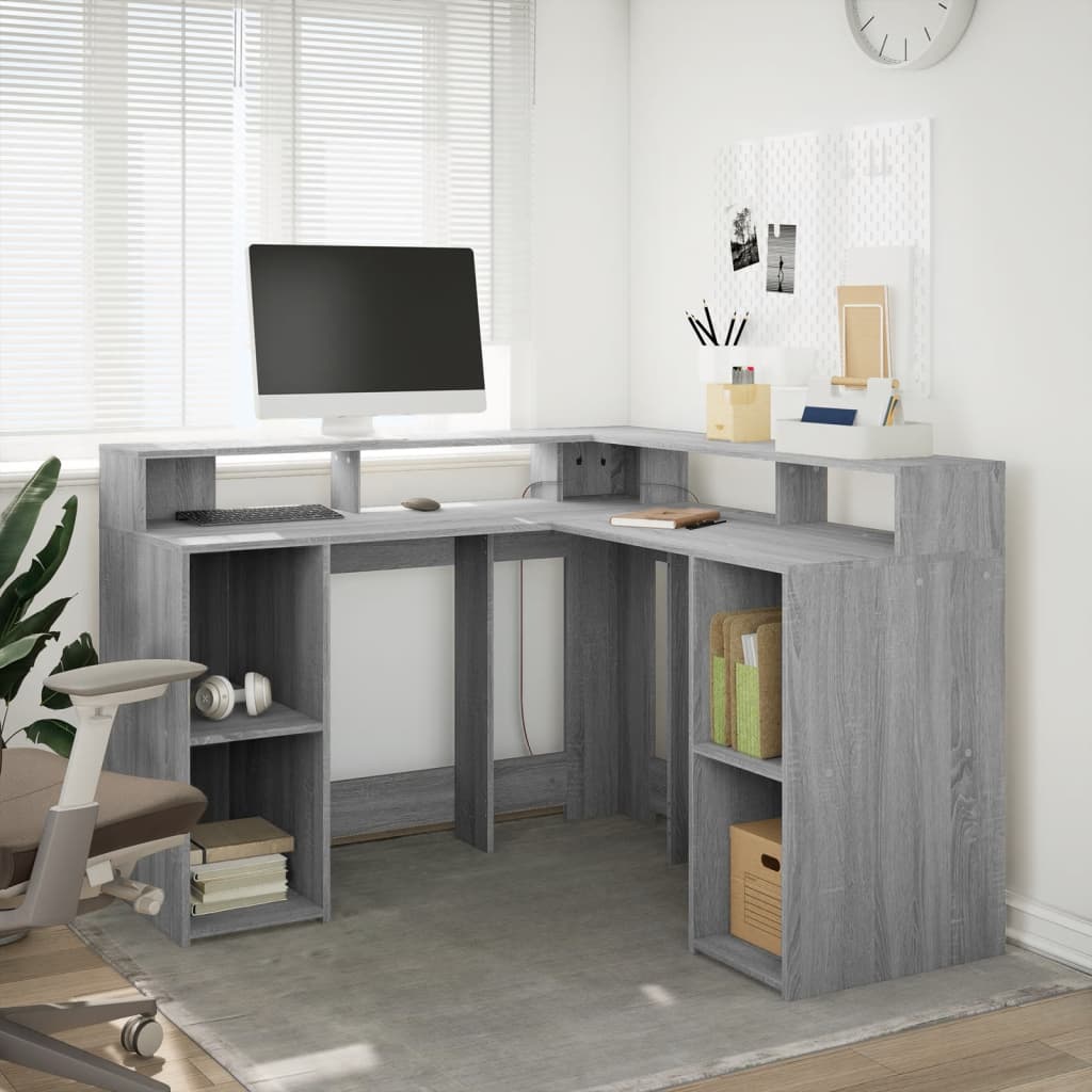Scrivania con Luci LED Grigio Sonoma 130x130x91cm in Truciolato