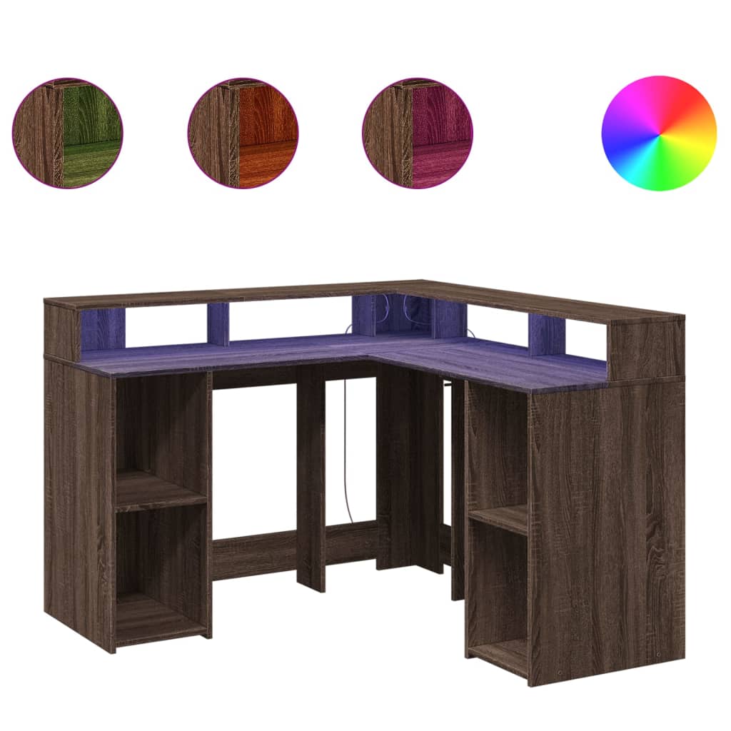 Scrivania con Luci LED Marrone Rovere 130x130x91 cm Truciolato