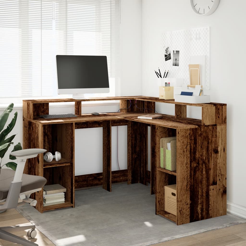 Scrivania con Luci LED Legno Antico 130x130x91 cm in Truciolato