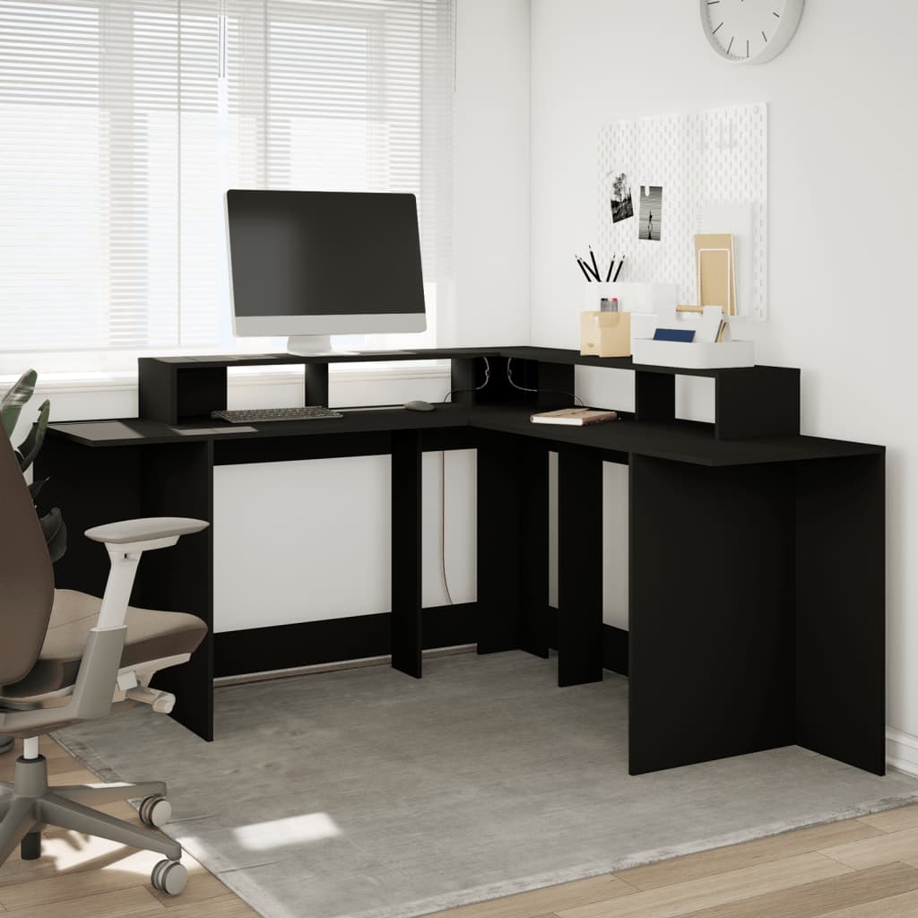 Scrivania con Luci LED Nera 152x152x91 cm in Truciolato