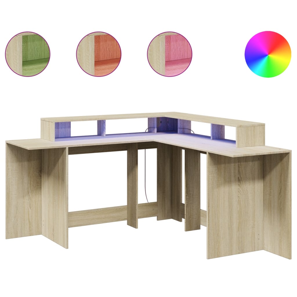 Scrivania con Luci LED Rovere Sonoma 152x152x91cm in Truciolato
