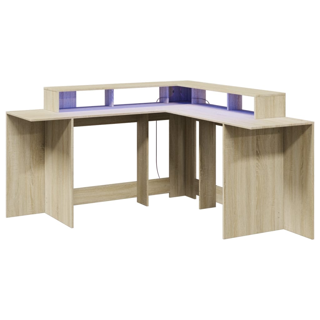 Scrivania con Luci LED Rovere Sonoma 152x152x91cm in Truciolato