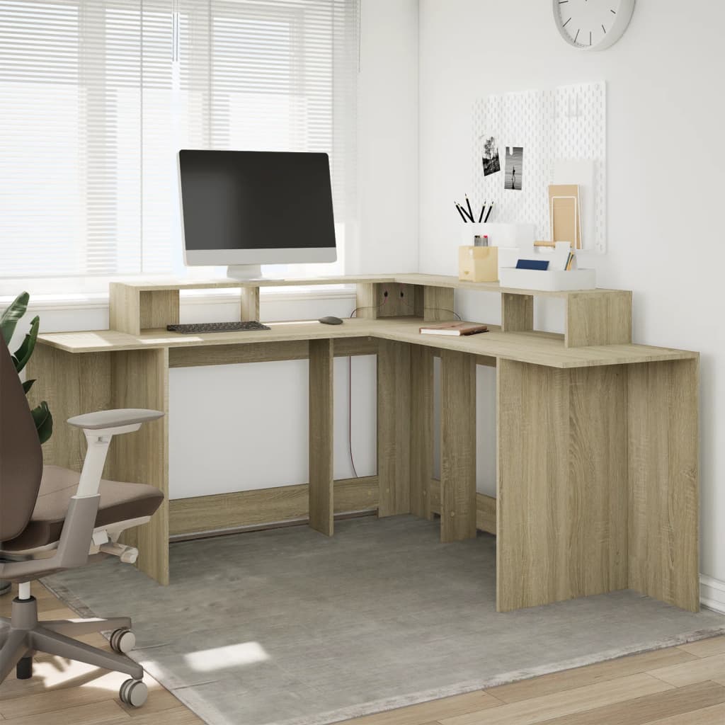 Scrivania con Luci LED Rovere Sonoma 152x152x91cm in Truciolato