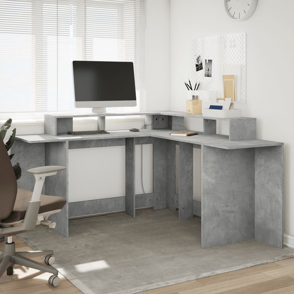 Scrivania con Luci LED Grigio Cemento 152x152x91 cm Truciolato