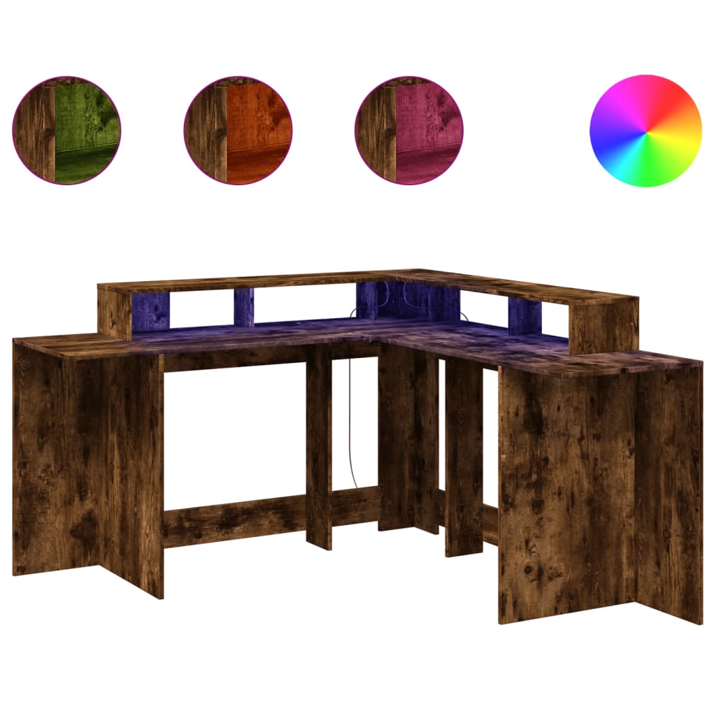 Scrivania con Luci LED Rovere Fumo 152x152x91 cm in Truciolato