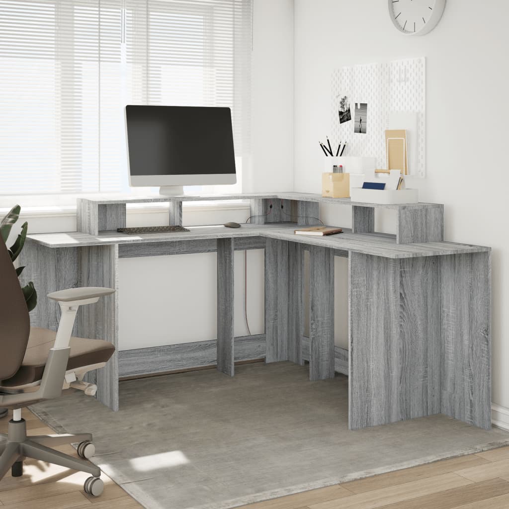 Scrivania con Luci LED Grigio Sonoma 152x152x91cm in Truciolato