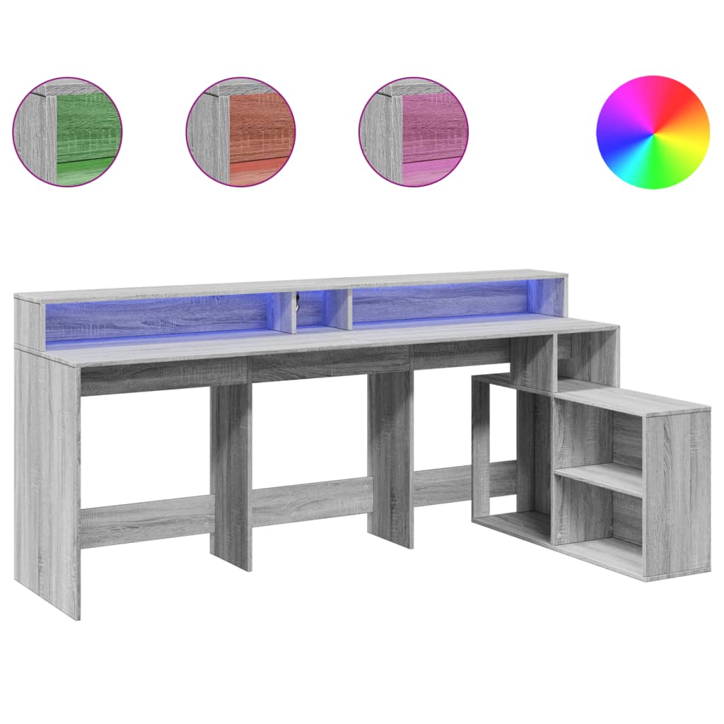 Scrivania con Luci LED Grigio Sonoma 200x104x91cm in Truciolato