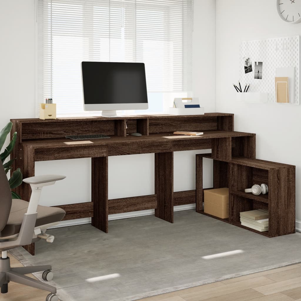 Scrivania con Luci LED Marrone Rovere 200x104x91 cm Truciolato