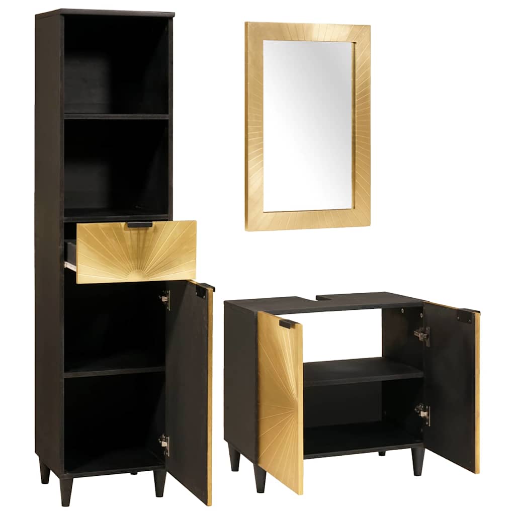 Set di Armadi da Bagno 3 pcs Nero e Oro Legno di mango massello