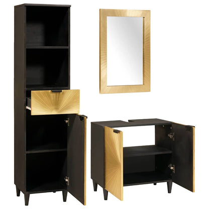 Set di Armadi da Bagno 3 pcs Nero e Oro Legno di mango massello