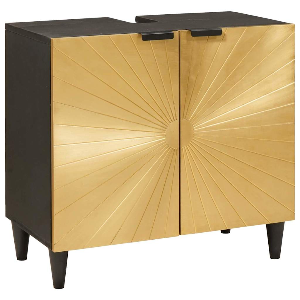Set di Armadi da Bagno 3 pcs Nero e Oro Legno di mango massello