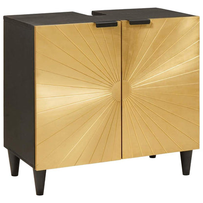 Set di Armadi da Bagno 3 pcs Nero e Oro Legno di mango massello