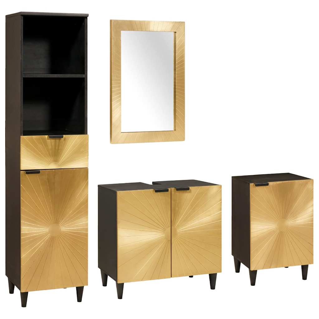 Set di Armadi da Bagno 4 pcs Nero e Oro Legno di mango massello