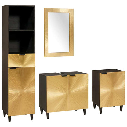 Set di Armadi da Bagno 4 pcs Nero e Oro Legno di mango massello